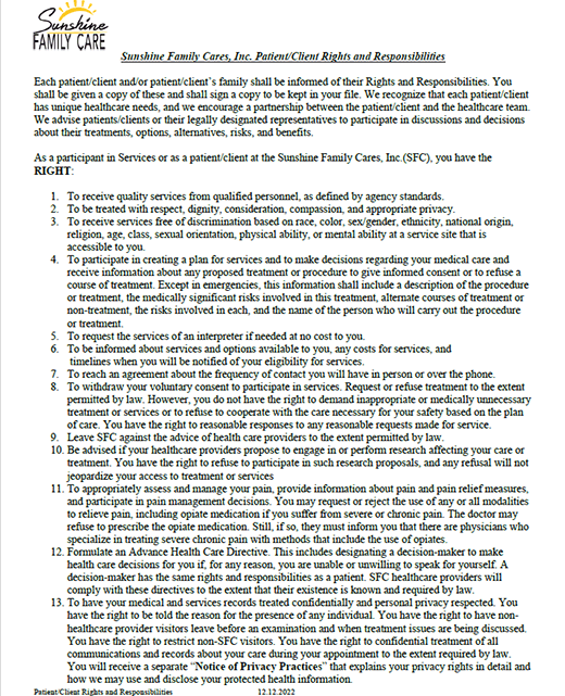 Patient Client rights and responsibilities FORM